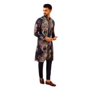 KISAH Men's Navy Blue Jacquard Cotton Kurta